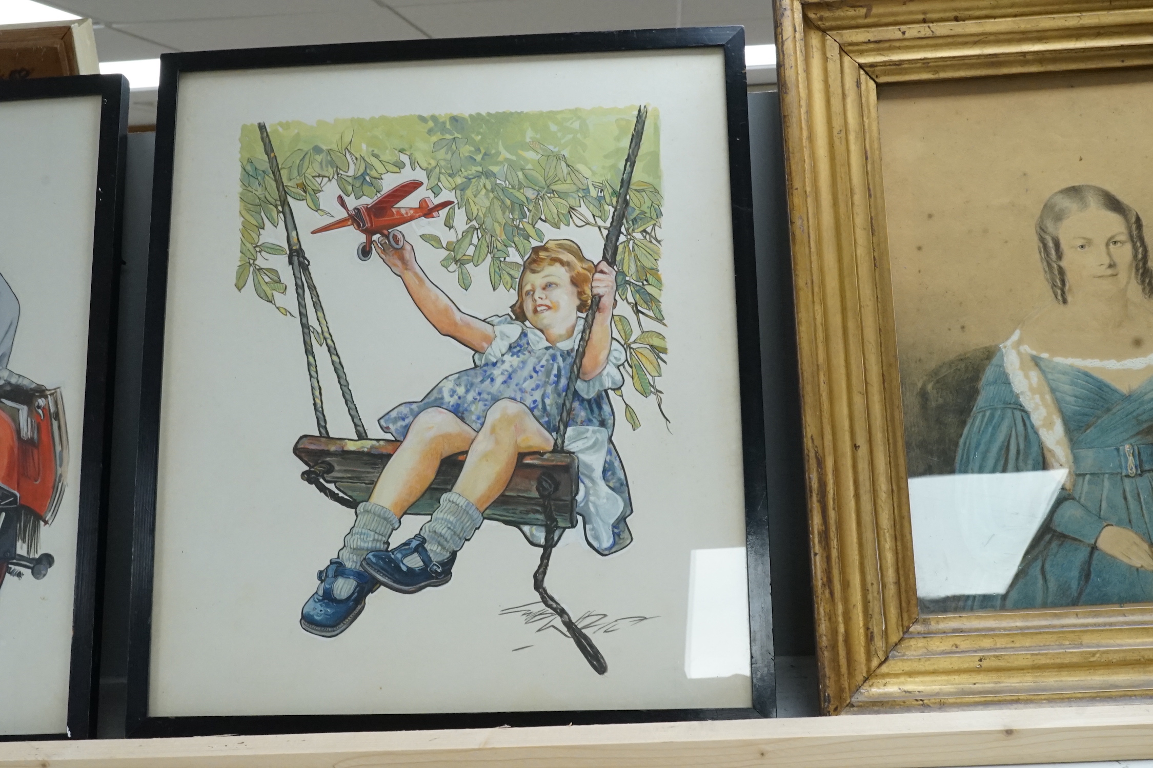 Gilbert Wilkinson (1891-1965), ink and gouache, 'Girl on swing holding a toy aeroplane', signed with three copies of Dittybox magazine, 37 x 32cm